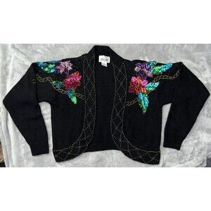 Joule Energy Vintage 90s Women M Silk Blend Knit Open Cardigan Embellish Floral